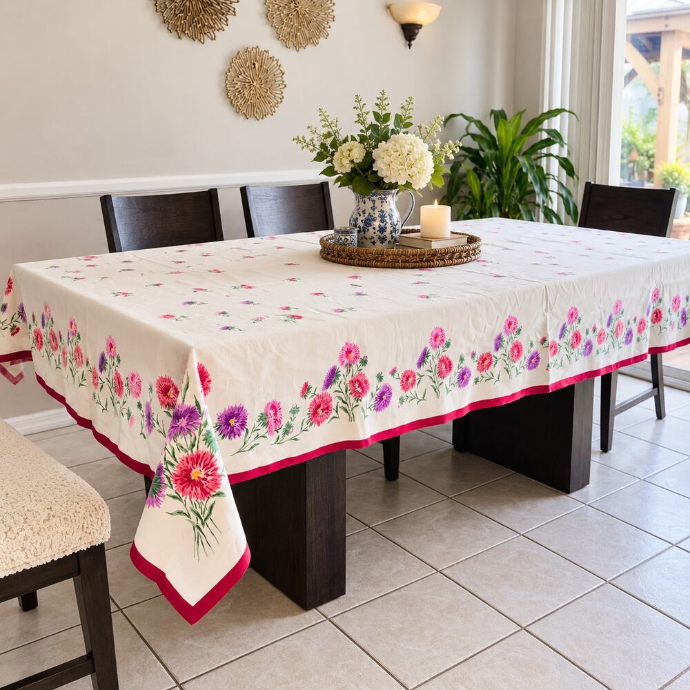 Floral Tablecloth 60x109 Pink Purple Flowers Cotton Blend Large Rectangular